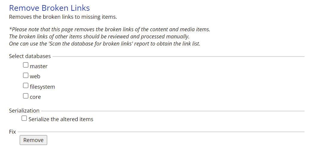 Remove broken links screen in Sitecore