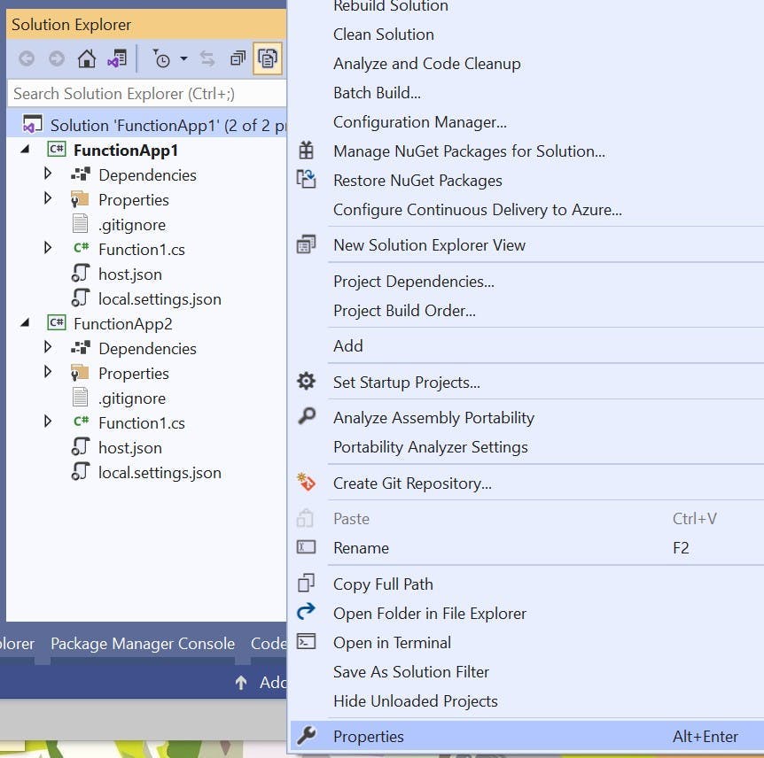 Selecting properties for solution in Visual Studio