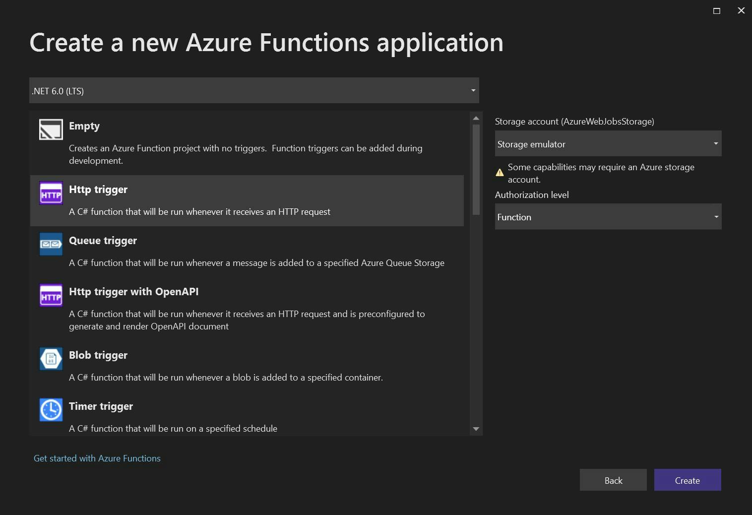 Create new Azure Function screen