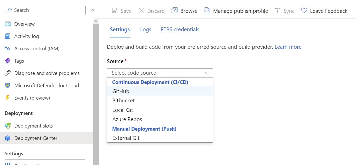 Deployment Center - Selecting Source